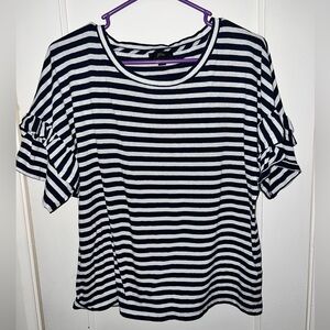 J. Crew Dark Navy + White Striped T-Short w/ Ruffles Short Sleeves. Size M